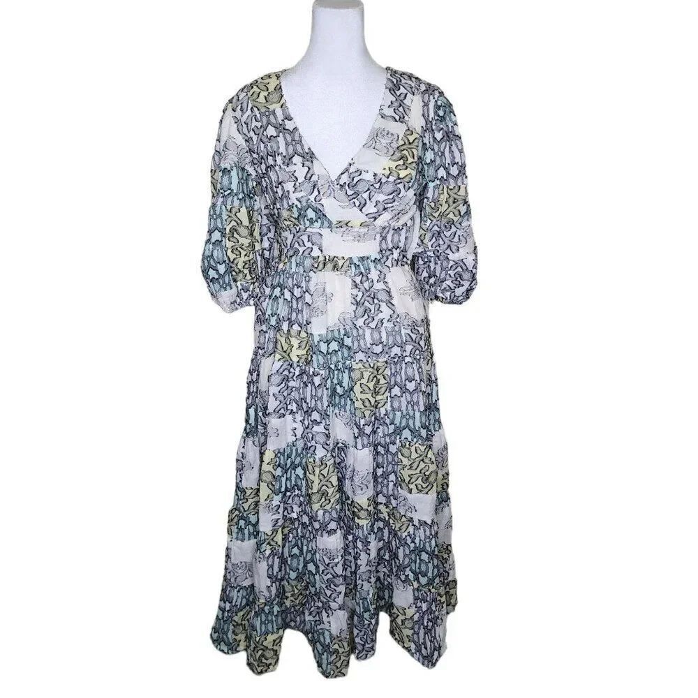 Anthropologie Boho Tiered Midi Dress V-Neck Textured Womens Size XXSP White